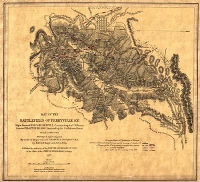 Perryville, Battle of > Map of the battlefield of Perryville, Ky. Major General Don Carlos Buell commanding the U.S. forces, General Braxton Bragg commanding the Confederate forces. October 8th 1862. Surveyed and compiled by order of Major General G