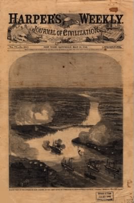 Fort Darling > [B]alloon view of the attack on Fort Darling in the James River, by Commander Rogers's [sic] [i.e., Rodger's] gun-boat flotilla, "Galena," "Monitor," etc. [May 16, 1862]