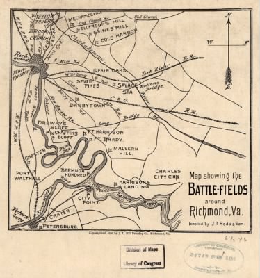 Richmond battlefields > Map showing the battle-fields around Richmond, Va. Compiled by J. T. Redd & Son. Copyrighted, 1896, by J. L. Hill Printing Co., Richmond, Va.