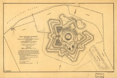 Thumbnail for Fort Jackson > Plan of Fort Jackson, showing the effect of the bombardment by the U.S. mortar flotilla and gunboats, April 18th to 24th 1862 : flag officer D.G. Farragut commanding fleet, Com. D.D. Porter commanding flotilla / surveyed by J