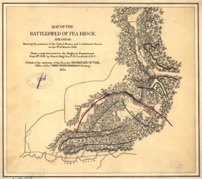 Pea Ridge, Battle of > Map of the battlefield of Pea Ridge, Arkansas, showing the positions of the United States and Confederate forces on the 8th of March 1862 From a map forwarded to the Engineer Department Sept. 11th 1865 by Brevet Brig. Gen. C.