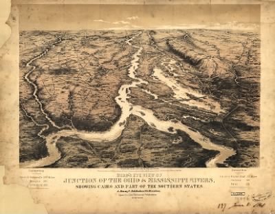 Ohio and Mississippi Rivers > Bird's eye view of junction of the Ohio & Mississippi Rivers, showing Cairo and part of the southern states Drawn from nature and lith. by John Bachmann.
