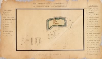 Fort Pennsylvania > Fort Pennsylvania and encampment at Tennallytown near Washington, D.C. / drawn for Mr. George Baker by W.E. Cushing, Providence, R.I., 1862.