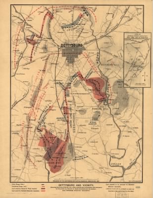 Thumbnail for Gettysburg, Battle of > Gettysburg and vicinity, showing the lines of battle July, 1863, and the land purchased and dedicated to the public by General S. Wylie Crawford and the Gettysburg Battlefield Memorial Association Burk & McFetridge lith., Phi