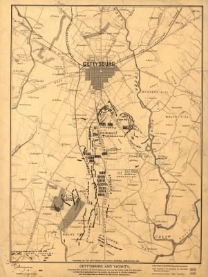 Thumbnail for Gettysburg, Battle of > Gettysburg and vicinity, showing the position of the troops July 1st and 3rd, 1863, and the land purchased and dedicated to the public by General S. Wylie Crawford and the Gettysburg Battlefield Memorial Association.