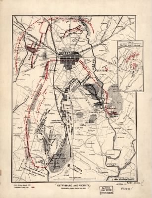 Thumbnail for Gettysburg, Battle of > Gettysburg and vicinity, showing the lines of battle, July, 1863 Copyrighted April 1922, by Prof. J. Warren Gilbert.