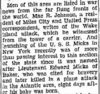 17 Oct. 1943 Billings Gazette, Montana USN Pilot, KIA Edward Micka