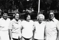 123-FH-FAMD-038a Mary Morris Miles Age 86 with Her Children (L to R) Flora 63, Joyce 57, Ruth 59, & Morris 55 in Tooele Utah -- May 1987.jpg