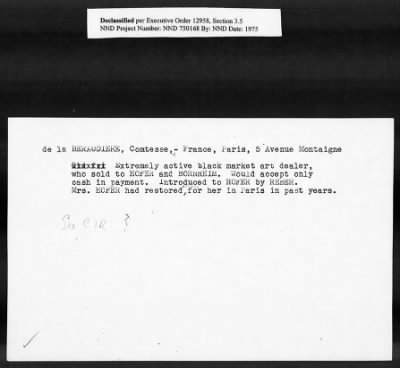 Thumbnail for Card File on Art-Looting Suspects > RECORDS OF THE AMERICAN COMMISSION FOR THE PROTECTION AND SALVAGE OF ARTISTIC AND HISTORIC MONUMENTS IN WAR AREAS (THE ROBERTS COMMISSION), 1943-1946