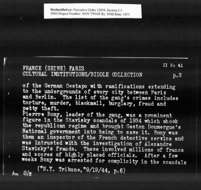 Thumbnail for Card File on Art-Looting Suspects > RECORDS OF THE AMERICAN COMMISSION FOR THE PROTECTION AND SALVAGE OF ARTISTIC AND HISTORIC MONUMENTS IN WAR AREAS (THE ROBERTS COMMISSION), 1943-1946