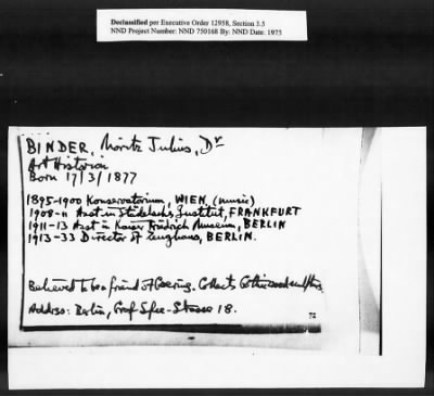 Thumbnail for Card File on Art-Looting Suspects > RECORDS OF THE AMERICAN COMMISSION FOR THE PROTECTION AND SALVAGE OF ARTISTIC AND HISTORIC MONUMENTS IN WAR AREAS (THE ROBERTS COMMISSION), 1943-1946