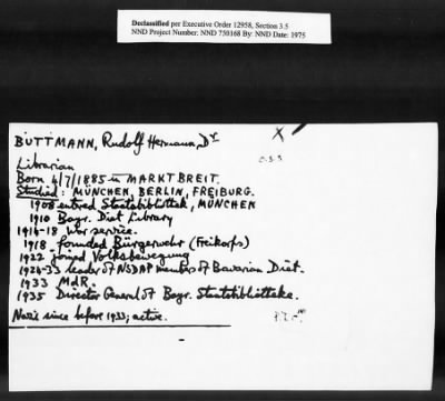 Thumbnail for Card File on Art-Looting Suspects > RECORDS OF THE AMERICAN COMMISSION FOR THE PROTECTION AND SALVAGE OF ARTISTIC AND HISTORIC MONUMENTS IN WAR AREAS (THE ROBERTS COMMISSION), 1943-1946