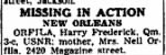Harry F "DEE" Orfila, Lost at Sea 5 May, 1944 /The Times~Picayune 29 Sept. 1944