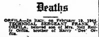 Newspaper notice of Frank's Death.  23 April, 1944.