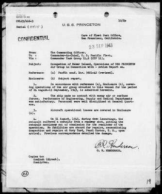 Thumbnail for COMTASKFOR 11 > Act Rep, Occupation of Baker Is, 9/1/43