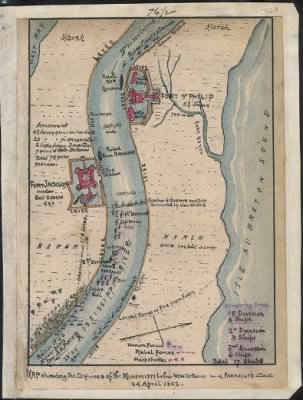 Fort Jackson > Map showing the defenses of the Mississippi below New Orleans and Farragut's attack 24 April 1862.