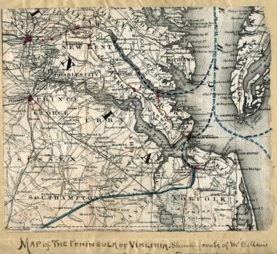 Peninsular Campaign > Map of the Peninsula of Virginia : showing route of McClellan's Army toward Richmond [illegible].