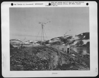 Thumbnail for General > Cape Adelaer, Greenland.  Picture Shows: (1) Hydrogen Generating Building With Pilot Balloon Being Filled At Time Of Picture; (2) An/Gmq-1 Anemometer Installation; (3) Regular Ml-80 Anemometer; (4) Theodolite Observing Station; (5) Direction Of Main Camp.