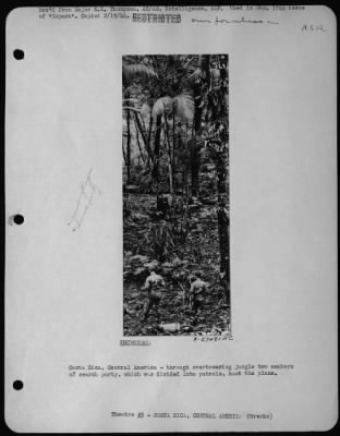 General > Costa Rica, Central America - through overtowering jungle two members of search party, which was divided into patrols, hunt the plane.