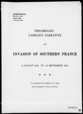 NAV COM WESTERN TASK FORCE > Preliminary Rep of the Amphibious Invasion of Southern France, 8/9/44 - 9/25/44