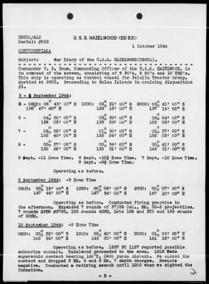 USS HAZELWOOD > War Diary, 9/1-30/44