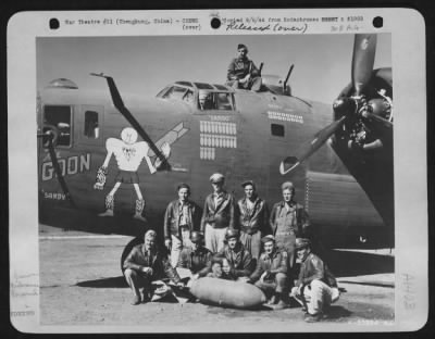 General > Crew of Consolidated B-24 Liberator "Goon". On top of plane is T/Sgt. Arthur J. Benko and in cockpit is Capt. Samuel J. Skousen.  Back row, left to right: T/Sgt. Robert M. Kirk; Lt. Ralph E. Bower, Jr.; T/Sgt. Archie L. Fleharty; and T/Sgt. William