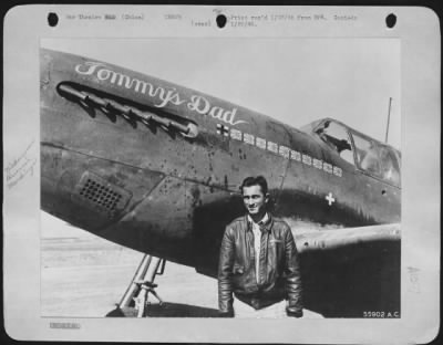 Fighter > Major Herbst with his North American P-51 "Tommy's Dad", showing victories. Kenchow Air Base, China.