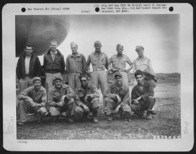 Thumbnail for General > Crew Of Boeing B-29 "Superfortress" (A/C No. 475) Of The 462Nd Bomb Group, Xx Bomber Command, China. Back Row, Left To Right: Lt. Wood, Bombardier Lt. Buchta, Navigator Major Morris, Pilot Lt. Bronnon, Flight Engineer Lt. Roth, Co-Pilot Lt. Wamsey, Radar