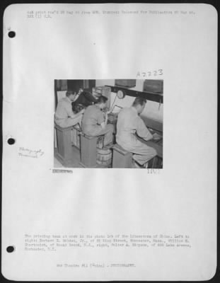 Thumbnail for Processing > The Printing Team At Work In The Photo Lab Of The Liberators Of China.  Left To Right: Herbert B Walden, Jr. Of 31 King Street, Worcester, Mass., William E. Chartowich, Of Bound Brook, N.J., Right, Walter A. Simpson, Of 406 Lake Avenue, Rochester, N.Y.