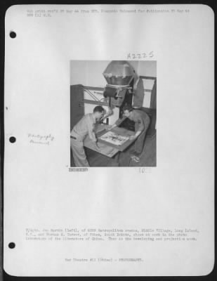 Thumbnail for Processing > T/Sgts. Joe Martin (Left), Of 6398 Metropolitan Avenue, Middle Village, Long Island, N.Y. And Norman S. Turner Of Ethan, South Dakota, Shown At Work In The Photo Laboratory Of The Liberators Of China.  They Do The Developing And Projection Work.