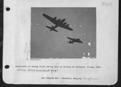 Boeing > Silhouette of Boeing B-17s during raid on factory at Brussels, 15 Aug. 1943.