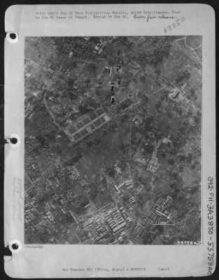 Tokyo > Bombs over Tokyo, Japan on 24 November 44 plunge towards the primary target (bottom, center) the important Musashino aircraft engine plant. Due to bad weather, this is best of the photos showing the attack. Heavy clouds during later missions