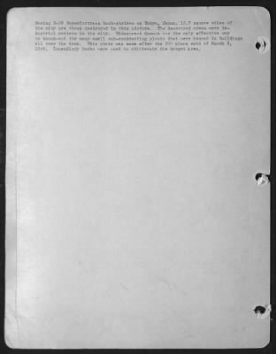 Tokyo > Boeing B-29 Superfortress bomb-strikes on Tokyo, Japan. 16.7 square miles of the city are shown destroyed in this picture. The destroyed areas were industrial centers in the city. Widespread damaged was the only effective way to knock-out