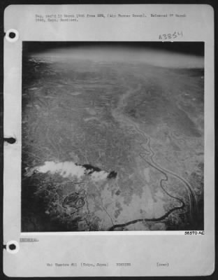 Tokyo > Boeing B-29 Superfortress bomb-strikes on Tokyo, Japan. 16.7 square miles of the city are shown destroyed in this picture. The destroyed areas were industrial centers in the city. Widespread damaged was the only effective way to knock-out