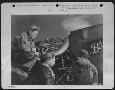 Engines > Claiming speed record for P-47 engine change, these 9th AF mechanics in Belgium did job in 4 1/2 hours. L. to R. are M/Sgt. Ernest Worle, Lewiston, Idaho, Sgt. Bill Schiering, Mt. Healthy, Ohio, and S/Sgt. Rom Zimbleman, Philipsburg, Kansas.