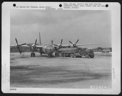 Thumbnail for Refueling > Consolidated B-32S That Had Newly Arrived From Luzon, P.I. On Yonton Strip.  Shown Is A B-32 Being Refueled Shortly After Arrival.  Two Of These Planes While On A Photo Reconnaissance Over Japan Were Attacked After Jap Peace Rumor.  Both Planes Were Badly