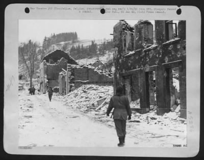 General > Houffalize, Belgium, as it appeared after 9th Air force bombardment and ground artillery shelling had forced the Germans to evacuate their important forward base in the Ardennes. Residents of the town said that Thunderbolt and Lightning