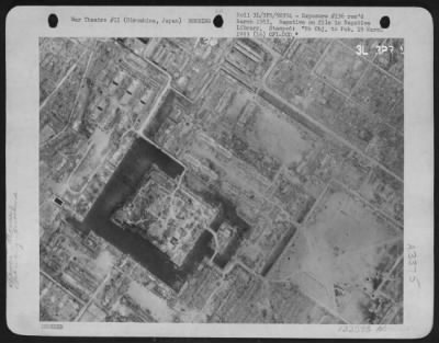 Thumbnail for Hiroshima > Exposure #136 - Destruction In Hiroshima, Japan After Dropping Of The First Atomic Bomb, Aug. 6, 1945.  Note The Position Of Vechicle In Center Of Photo, In Comparison With Photos Exp. #137 & 138.  Taken August 1945.