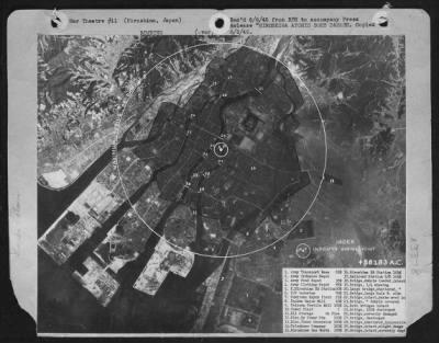 Hiroshima > Hiroshima Atomic Bomb Damage.  Total Area Devastated By The Atomic Bomb Strike On Hiroshima Is Shown In Darkened Area (Within Circle) Of Photograph.  Numbered Items Are Military And Industrial Installations With Percentages Of Total Destruction.  (From Ai
