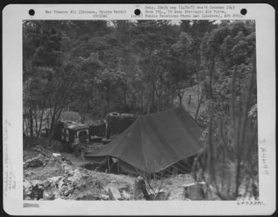 Thumbnail for Medical Buildings > The Medical Section Of The 163Rd Liaison Squadron Is Located In This Tent On Okinawa, Ryukyu Retto.  1945.