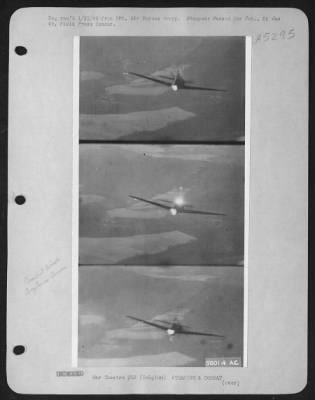 Thumbnail for General > 2d Lt. ofrrest R. Fegan, Kankakee, Ill., 9th Air force Thunderbolt fighter-bomber pilot, destroyed this ME-109 during recent fighting in the Belgian Bulge. Enemy plane can be seen burning from direct hits.