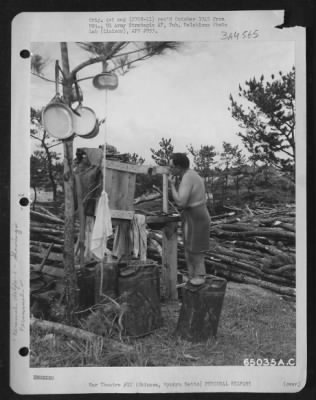 Thumbnail for General > Pfc. Adam Lasmus Shaving At A Wooden Was Stand On Okinawa, Ryukyu Retto.