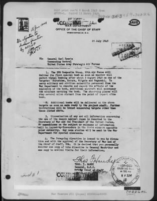 Hiroshima > Letter Received From General Thomas T. Handy To General Carl Spaatz Authorizing The Dropping Of The First Atomic Bomb.  Japan.