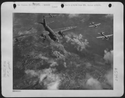 Namur > Marauders over Namur. Here are some of the hundred and fifty-odd B-26 Marauder medium bombers of the 9th Air force which on April 10th seriously damaged the railway marshalling yards at Namur, 35 miles southeast of Brussel, in Belgium.
