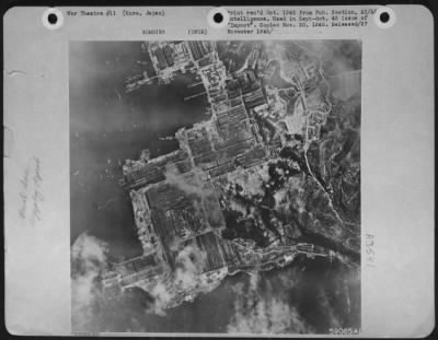 Thumbnail for Kure > Kure Naval Arsenal Was 70 Per Cent (2,949,690 Sq. Ft. Of Roof Area) Destroyed Or Damaged By The 20Th Air Force.  Carrier Planes Also Scored Some Hits.  Intense Flak From Warships In The Harbor Damaged 59 Per Cent Of The Attacking Superforts.  (Photo Taken