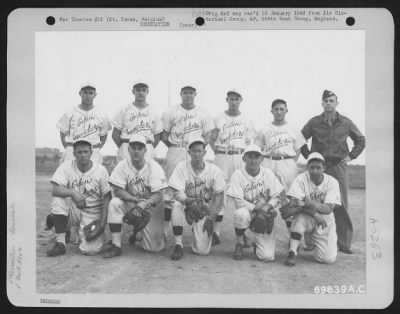 Thumbnail for General > Men Belonging To The 386Th Bomb Group Baseball Team Pose At Their Base In St. Trond, Belgium On 21 June 1945.