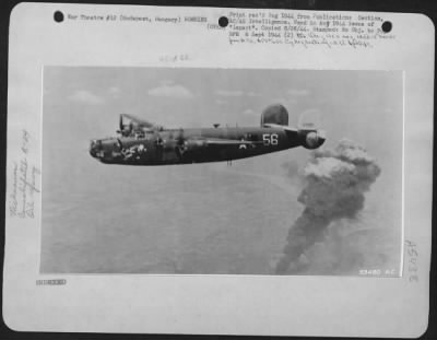 Thumbnail for Budapest > Szony Refinery, Budapest, Hungary-During attack on 14 June 1944 by heavy bombers of the 15th AF. Szony is a new refinery, gets crude oil from local Hungarian fields. Shown here is a Consolidated B-24 Liberator near target.