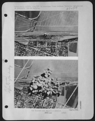 Hatvan > RAILROAD DEVASTATION IN HUNGARY-These are the Hatvan marshalling yards in Hungary as heavy bombers of Major General Nathan F. Twining's U.S. Army 15th Air force found them. Note the two puffs of smoke near center of train group.