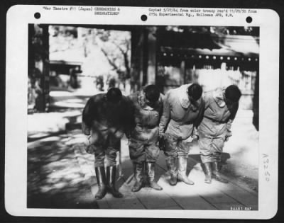 Thumbnail for General > Kamikaze Pilots At Shrine.  This Scene Is From A Production Sequence Re-Enactment Of The Kamikaze Ceremony At Chofu, Japan, For The United States Strategic Bombing Survey Motion Picture Project 'Strategic Attack'.  Nov. 1945.