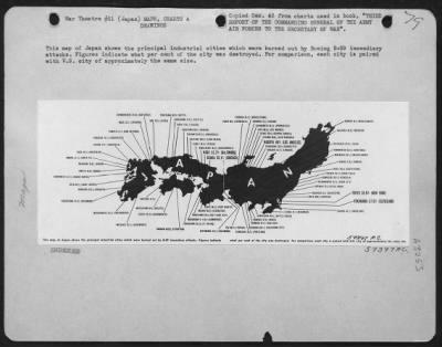 Thumbnail for General > This Map Of Japan Shows The Principal Industrial Cities Which Were Burned Out By Boeing B-29 Incendiary Attacks.  Figures Indicate What Per Cent Of The City Was Destroyed.  For Comparison, Each City Is Paired With U.S. City Of Approximately The Same Size.